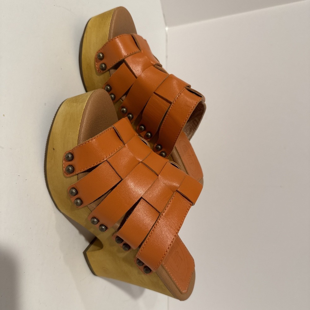 Dingo‎ Wood Clog Wedge Shoes Womens 7 Dagwood Orange Leather Slip On